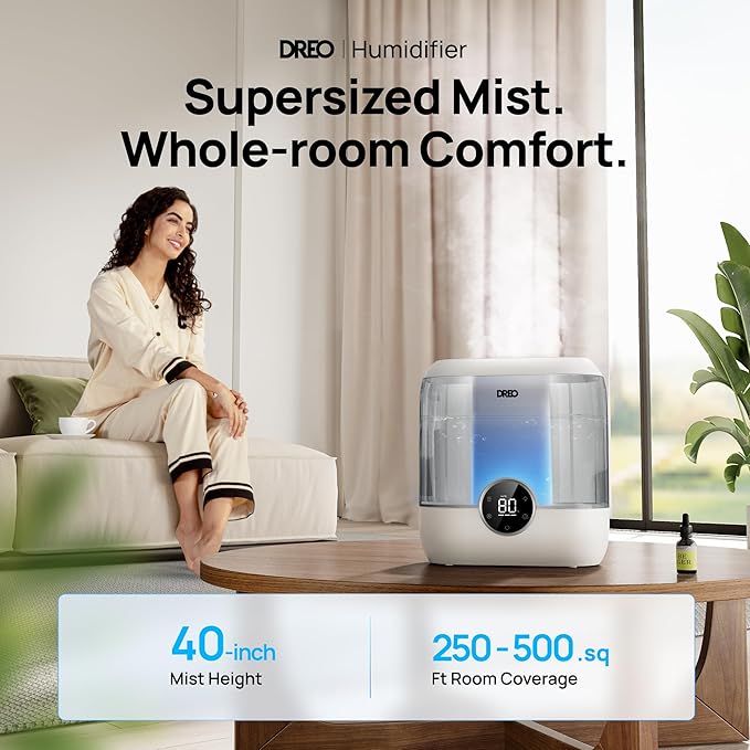 Dreo 6L Humidifiers for Bedroom, Quiet Supersized Cool Mist Ultrasonic Humidifier with Diffuser, 60 Hour Runtime for Home, Nursery, Plant, Gray