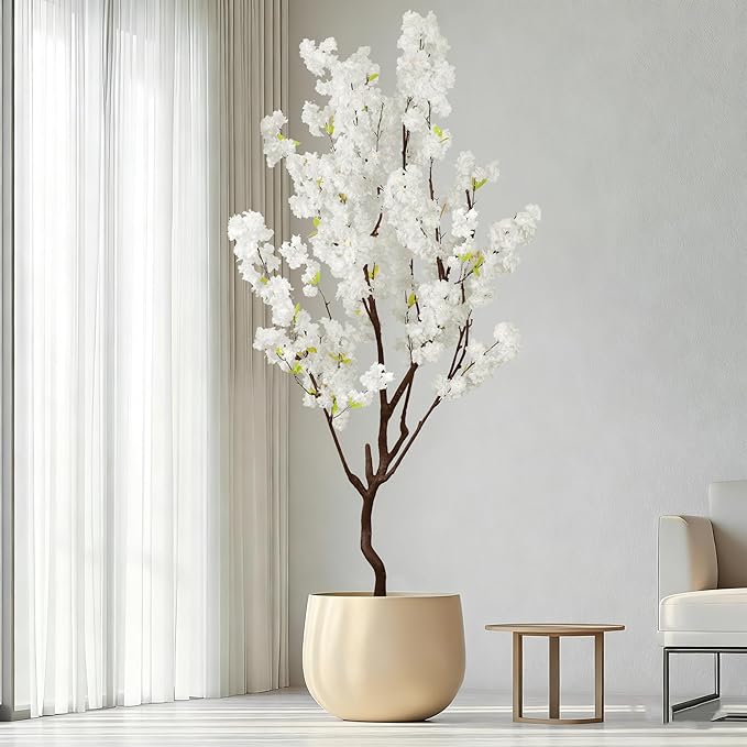 Faux White Cherry Blossom Tree 7ft(84in) Artificial Silk White Flower Tree Lifelike Large Fake Floral Tree for Wedding Realistic Elegant Cherry Sakura Plant in Pot for Home,Living Room,Office Decor