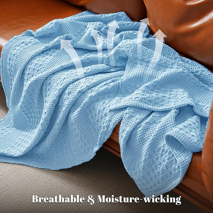 PHF 100% Cotton Waffle Weave Blanket Queen Size for Bed, Soft Lightweight & Breathable, All-Season Comfort, Luxury Aesthetic Woven Bedding for Home Decor, 90"x90", Sky Blue
