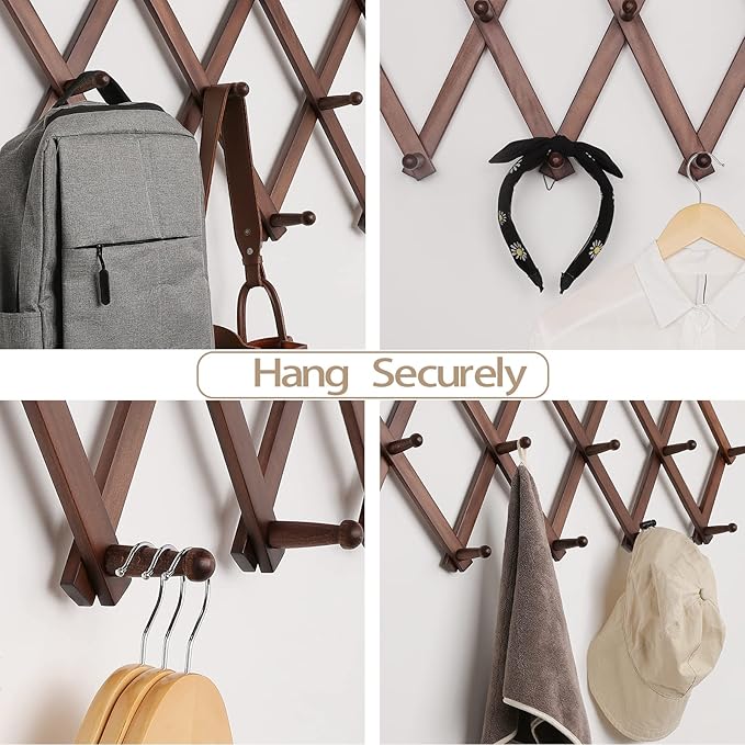 16 inch High Accordion Wall Hanger with 14 Hooks, Wooden Wall Expandable Coat Rack for Coat, Hats, Baseball Caps, Coffee Mug, Jewelry
