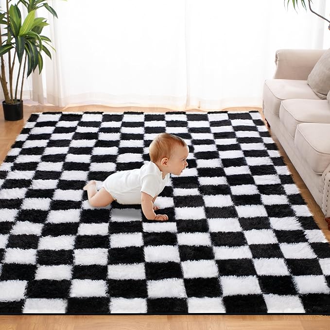 Super Soft Rug for Bedroom, 5x7 Ft Black and White Area Rug Classic Checkered Shaggy Anti-Skid High Pile Soft Fluffy Rug Fuzzy Carpet for Living Room Bedroom Kids Room Nursery, Dorm Home Decor