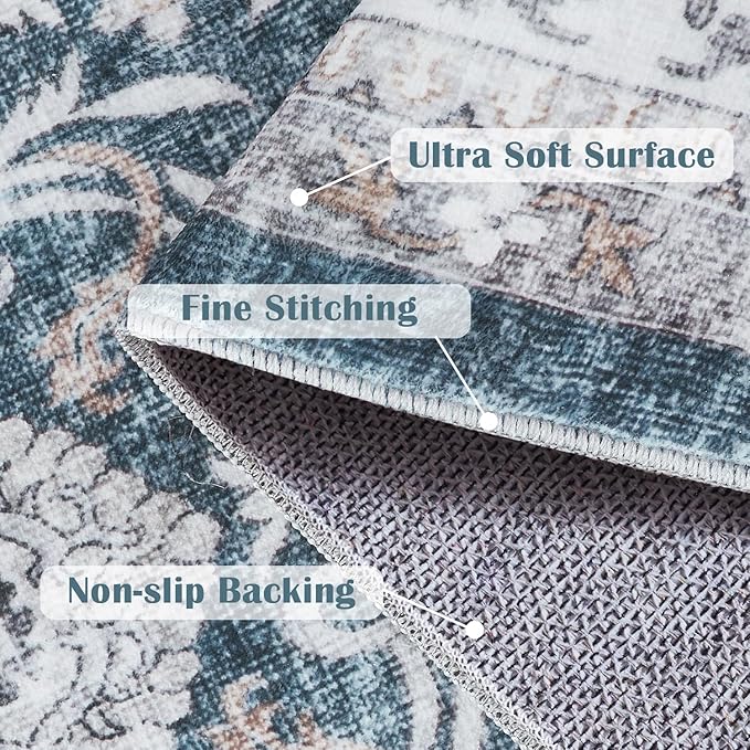jinchan Floral 2x3 Rugs for Entryway - Machine Washable Dark Blue Vintage Distressed Boho Design Soft Faux Wool Small Non-Slip Doormat for Entrance Kitchen Living Room Bedroom (2‘x3',Dark Blue)