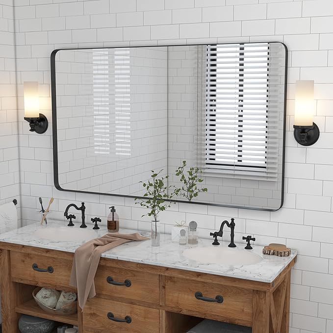 VocalStar 55 x 36 Inch Black Bathroom Mirror for Wall, Large Rounded Rectangle Metal Framed Bathroom Wall Vanity Mirror Farmhouse, 1/4-inch Shatterproof Glass | Ultra-Flush Hanging