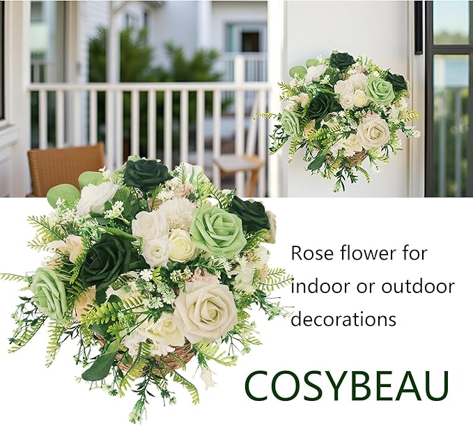 Artificial Fake Flowers 25pcs Roses, Shade of Light Green Foam Rose Faux Flower for DIY Wedding Bouquets Bridal Shower Centerpieces Floral Arrangements Party Tables Home Decorations