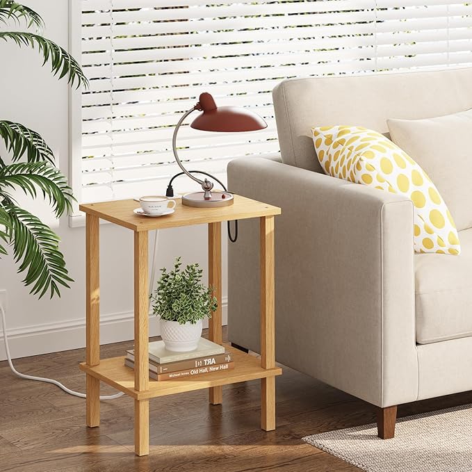 TUTOTAK End Table with Charging Station, Set of 2, Small Side Table with Outlets, Nightstand Bedside Table, 2-Tier Storage Shelf for Small Space, Living Room, Bedroom Natural TB01BN041
