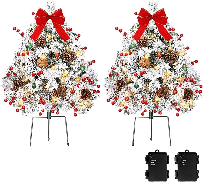 Lewondr Set of 2 Prelit Pathway Christmas Trees, 27.56" Outdoor Christmas Tree with 50 LED Lights, Pine Cones Red Berries, Battery Operated Outdoor Xmas Decor for Yard Home Porch, White Snowflake