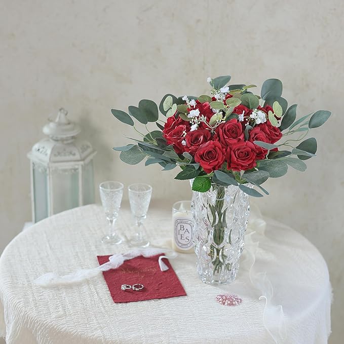 FOTEEWL 60 Pcs Artificial Rose Flower Realistic Faux Silk Roses Stem Fake Roses Bouquet for Flower Arrangement,Wedding Centerpieces,Party,Home Decorations (Burgundy)