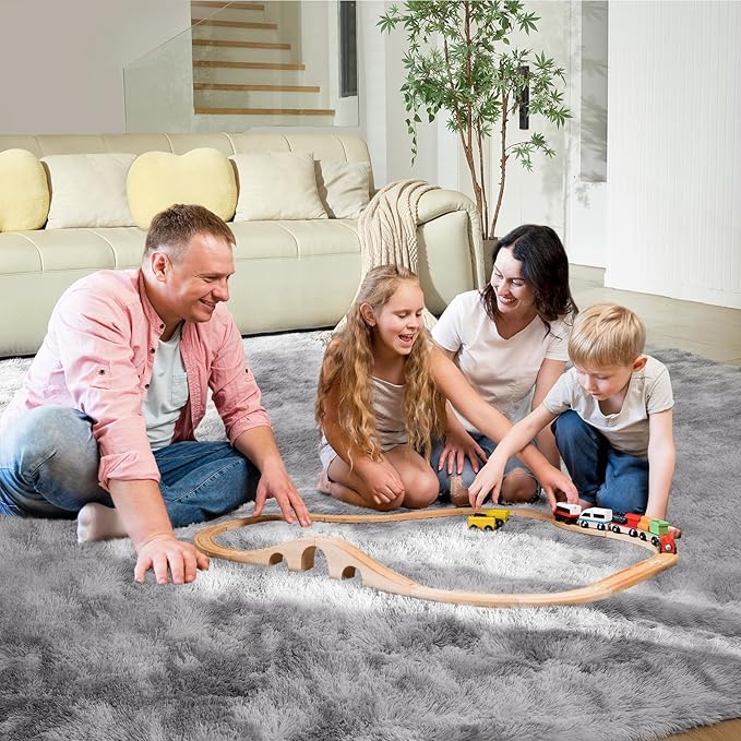 Ultra Soft Rug for Living Room, 9X12 Fluffy Shag Area Rug for Bedroom, Modern Shaggy Carpets Fuzzy Rug for Teens Dorm Nursery Home Decor Aesthetic, Upgrade Anti-Skid Durable, Tie-Dyed Light Grey