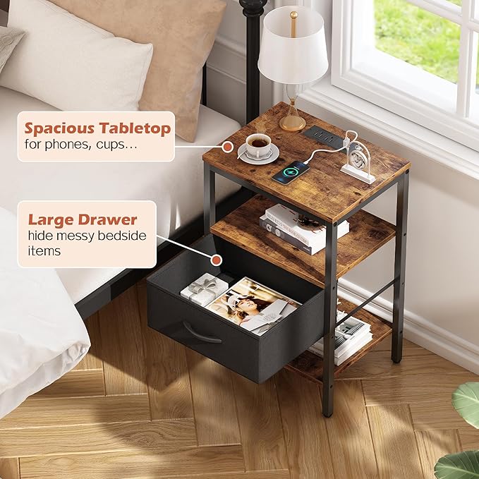 SUPERJARE Nightstand Set of 2, Bed Side Tables with Charging Station, Adjustable Fabric Drawer, Night Stand for Bedroom, 3-Tier Storage End Tables, for Living Room, Rustic Brown and Black