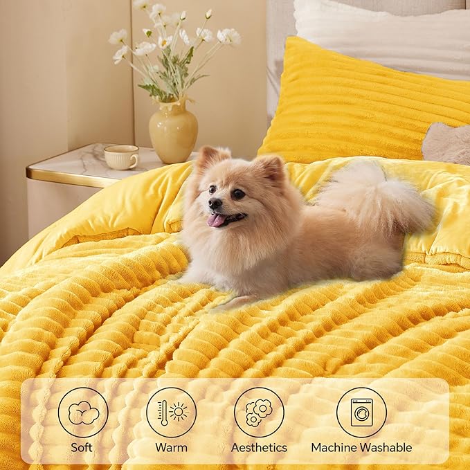 BEDELITE Fleece Twin Comforter Set -Super Soft & Warm Fluffy Bright Yellow Bedding, Luxury Fuzzy Heavy Bed Set for Winter with 1 Pillow case