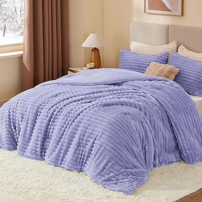 BEDELITE Fleece Queen Comforter Set -Super Soft & Warm Fluffy Lavender Bedding, Luxury Fuzzy Heavy Bed Set for Winter with 2 Pillow Cases