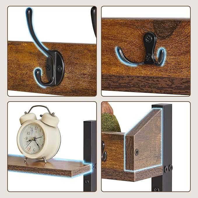 YMYNY 31.5" Coat Rack Wall Mount with Shelf, 4 in 1 Key and Coat Hanger with 12 Metal Hooks, Wall Shelf with Hooks & Mail Holder for Living Room, Bedroom, Rustic Brown, HWS007H-2