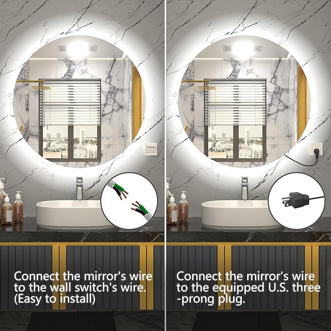 24 Inch Round LED Mirror for Bathroom,Backlit Round Bathroom Mirror with Lights, Anti-Fog, Touch, Dimmable, 3000K/4500K/6000K