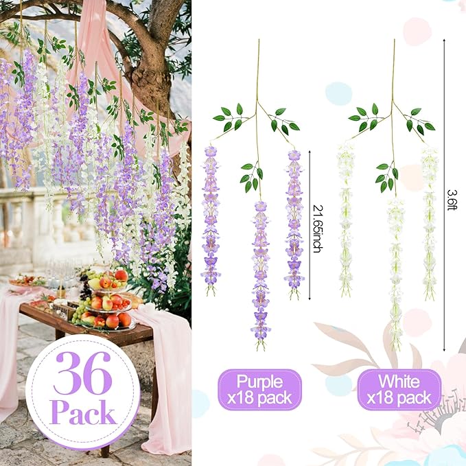 Giegxin 36 Pcs Artificial Wisteria Hanging Flowers 3.6 ft Artificial Fake Wisteria Vine Rattan Hanging Garland Silk Flowers String for Wall Home Wedding Party Greenery Decorations (Purple,White)