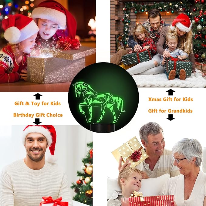 FULLOSUN Night Lights for Kids Horse Illusion 3D Night Light Bedside Lamp 16 Colors Changing with Remote Control Best Birthday Gifts for Child Baby Boy and Girl