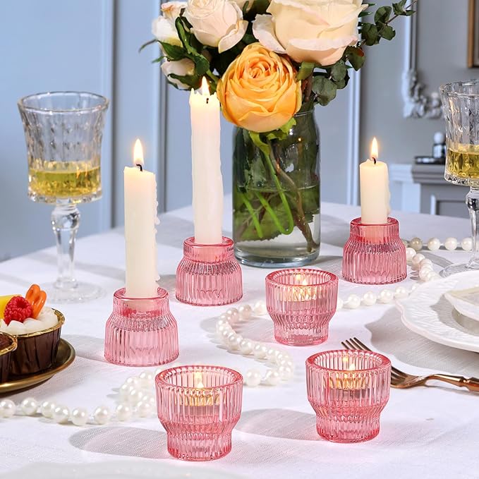 12pcs Pink Taper Candle Holders, Glass Candlestick Holders, Tea Light Candle Holder for Wedding Centerpieces Table Decorations, Votive Candle Holders for Baby Shower