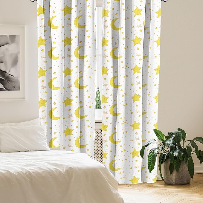 Ambesonne Yellow and White Curtains, Sleeping Crescent Moon and Stars Pattern Night Time Cartoon Illustration, Window Treatments 2 Panel Set for Living Room Bedroom, Pair of - 28" x 95", Pale Yellow