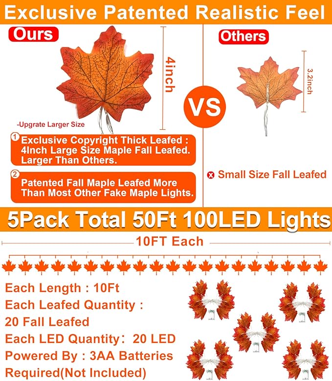 GBD Thanksgiving Decorations-5 Pack Total 50Ft 100LED Fall Garland with Lights Battery Operated Enlarged Maple Leaves Garlands for Fall Decorations for Home Christmas Halloween Indoor Outdoor Decor