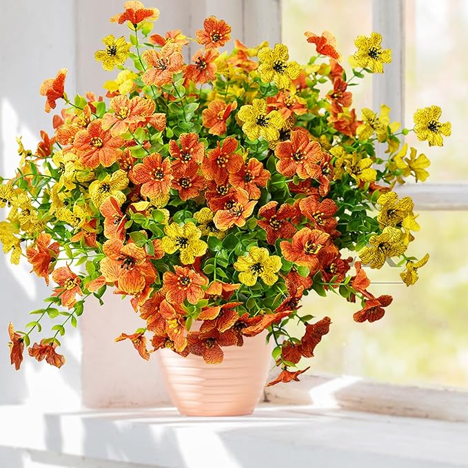 Artificial Flowers for Outdoor, UV Resistant Fake Silk Flowers, Realistic Faux Plants for Outside Indoor Porch Patio Window Box Planter Home Decor (16, Orange Yellow)