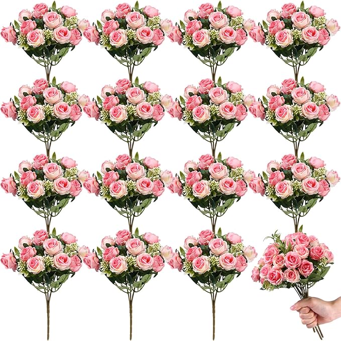Zeyune 16 Bunches 12 Inch Artificial Mini Rose Bouquet 160 Heads Bridal Flower Bouquets Fake Silk Rose Bulk for Wedding Bridal Shower Christmas Home Office Garden Decoration(Pink)