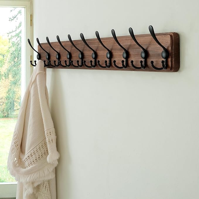 Dseap Coat Rack Wall - Heavy-Duty 38-1/4" Long, with Reinforced 10 Custom Tri-Hooks, Solid Wood Wall Hanger for Coats Hat Jackets - Rustic Farmhouse Entryway Storage, Natural & Black, Pack of 2