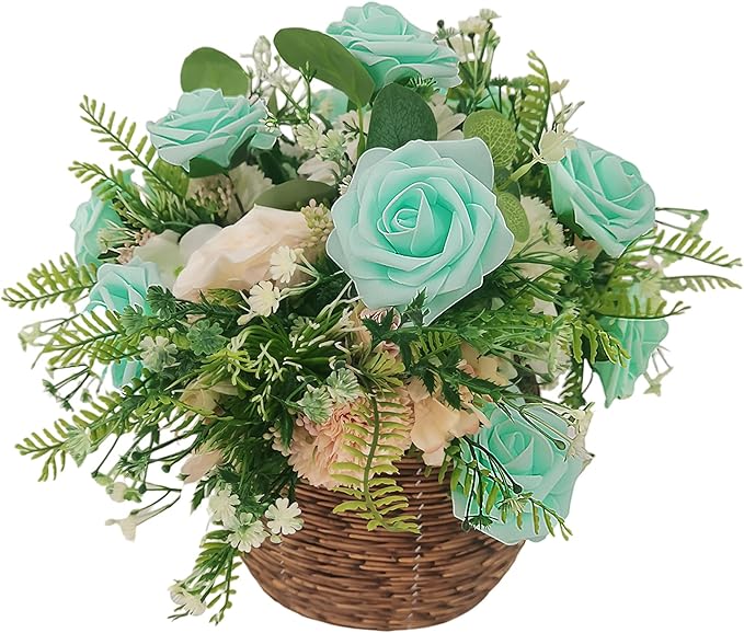 Artificial Rose Flowers 25pcs, Cyan Foam Fake Rose Faux Flower for Wedding Bouquets Bridal Shower Centerpieces Floral Arrangements Home Decorations Party Backdrops Table