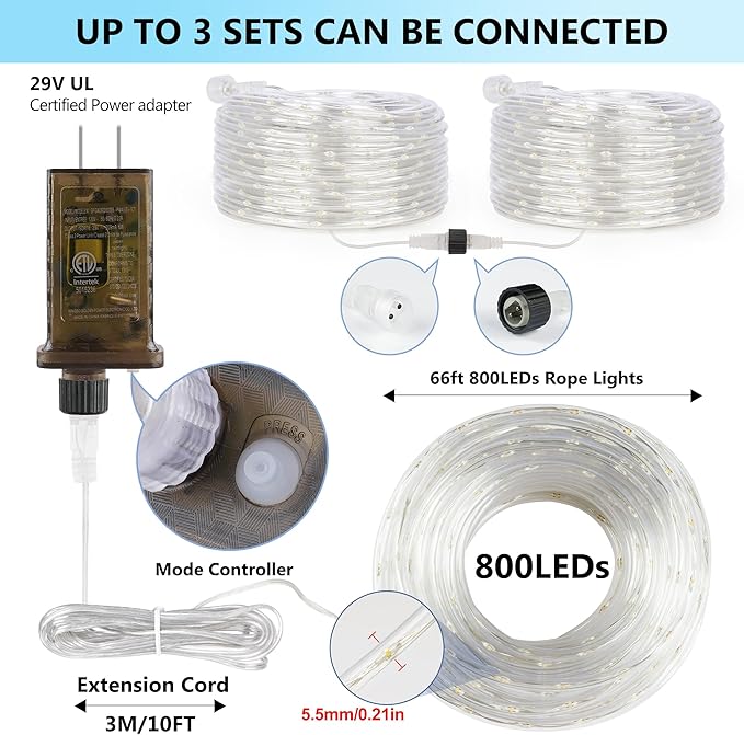 Connectable LED Rope Lights Indoor 66ft 800 LED Cool White Strip Lights Plug in with Remote &Timer, Connectable Rope Lights for Outside, Waterproof Lights for Bedroom Deck Patio Yard Garden Pool