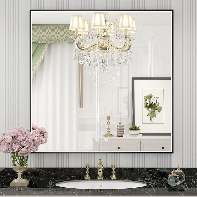 32x32 Inch LED Bathroom Mirror, Black Metal Framed Lighted Mirror for Bathroom, Wall Mouted LED Vanity Mirror with Lights, 3 Colors and Stepless Dimmable, Anti-Fog, Memory