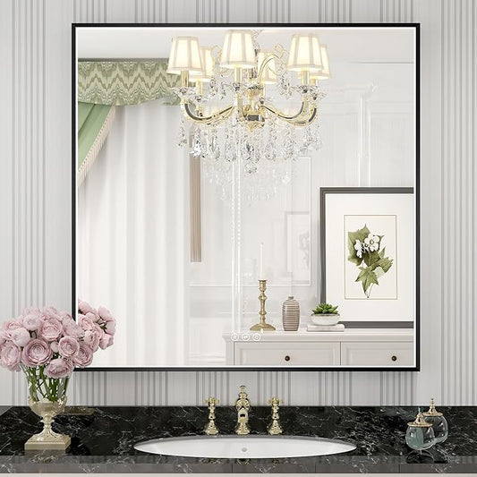 32x32 Inch LED Bathroom Mirror, Black Metal Framed Lighted Mirror for Bathroom, Wall Mouted LED Vanity Mirror with Lights, 3 Colors and Stepless Dimmable, Anti-Fog, Memory