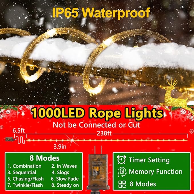 KNONEW 164FT 1000LED Rope Lights for Outside,Outdoor String Lights Waterproof 8 Modes Clear Tube Light for Indoor,Bedroom,Wedding,Garden,Patio,Christmas,Tree,Rv,Holiday Decoration(Warm White)