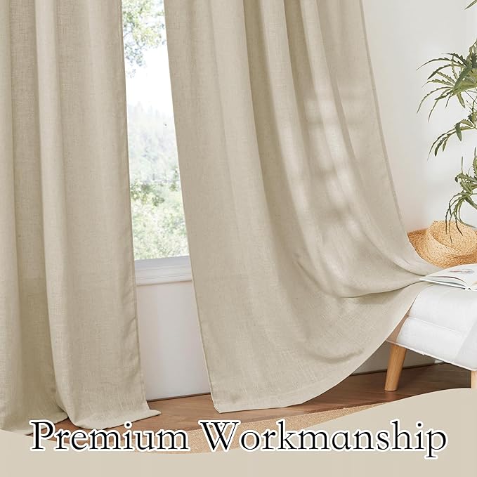 RYB HOME Beige Semi Sheer Curtains 95 inches Long, Light Filtering Half Privacy Wrinkle Resistant Window Curtains & Drapes for Office Dormitory, Beige, W 34 x L 95 inches, 2 Panels Set