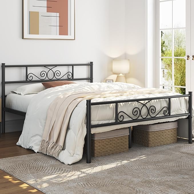 Yaheetech Full Bed Frames Metal Platform Bed with Headboard and Footboard for Bedrooms No Box Spring Needed Easy Assembly, Black/Full Bed