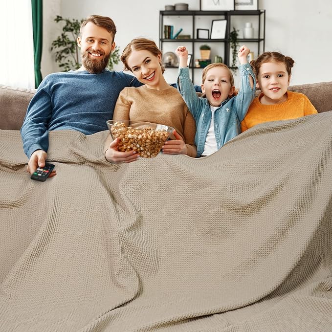 PHF 100% Cotton Waffle Weave Family Blanket,Oversized King Size 120"x 120"-Pre-Washed Snag Proof Lightweight Breathable Moisture-Wicking, 10'x 10' Huge Extra Large Big,Home Decor-Khaki/Simply Taupe