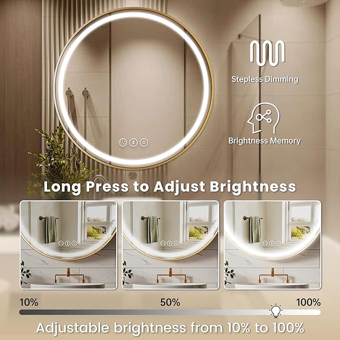 Gold Round Mirror 32 Inch, Metal Framed Frontlit Bathroom Mirror, Circle Mirrors for Wall, Led Light Mirror with Anti-Fog, Memory Function, 3 Color Temperature, Makeup Mirrors Dimmable
