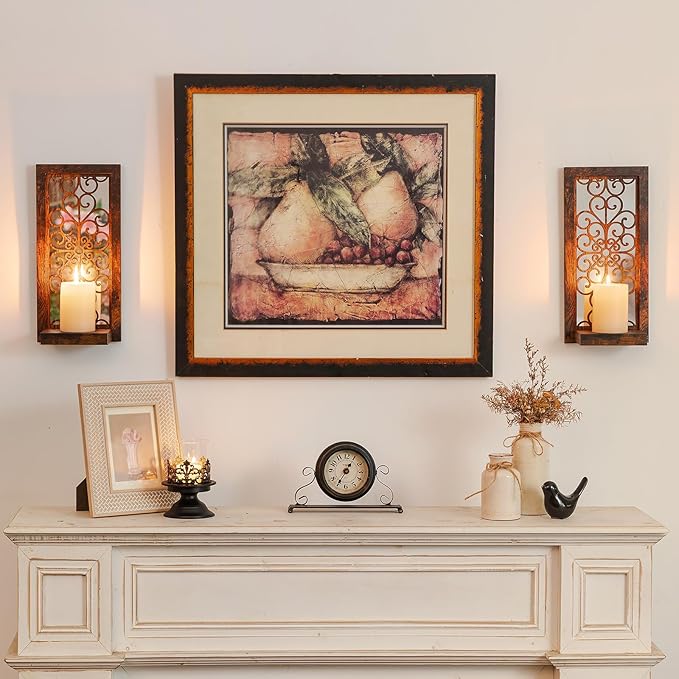 Farmhouse Wall Candle Holder Decor: Rustic Candle Sconces Set of Two for Pillar Candles - Brown Wooden Shelving for Fireplace Bathroom Hallway