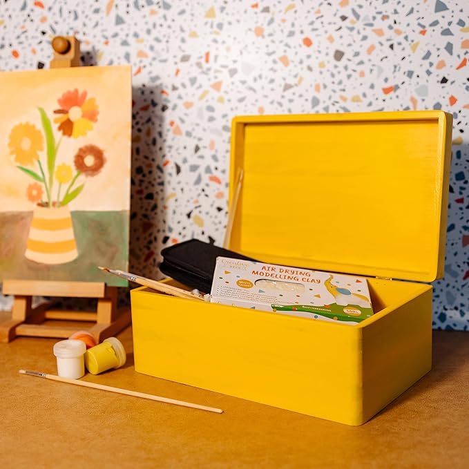 Large Yellow Wooden Box Storage with Hinged Lid | 11.8 x 7.87 x 5.51 inches (+-0.5) | Gift Box for Tool Dog Toy Shoes Clothes Kitchen Storage | Wood Keepsake Chest