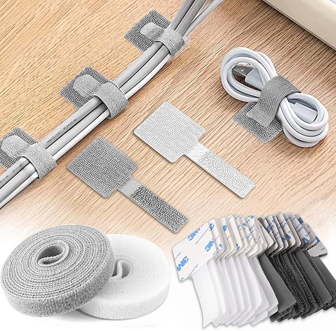 Adhesive Under Desk Cable Management Kit - 45 PCS Sticky Back Velcro Ties + 2 Rolls Extension Straps for No Drill Cord Organization, Home Office (Mixed Colors)
