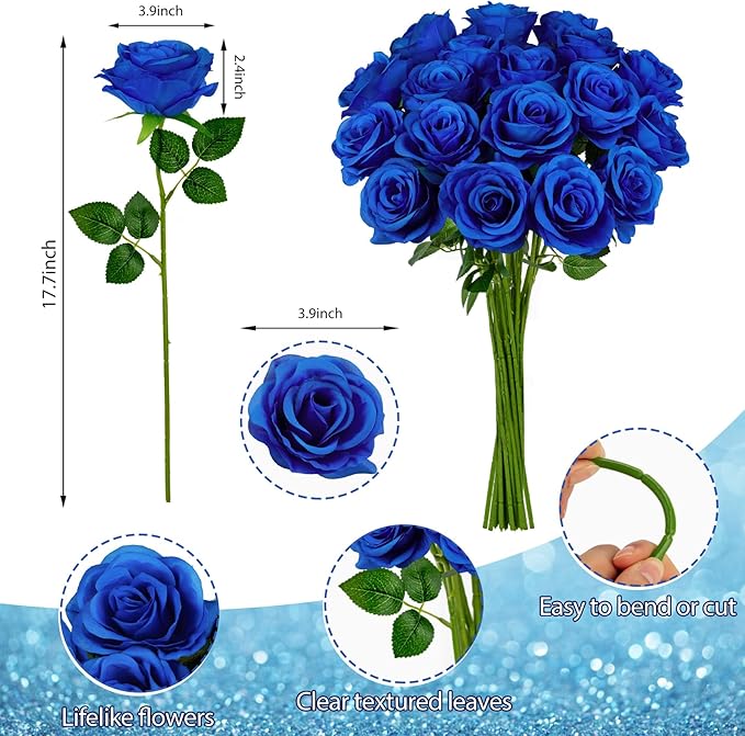 Ouddy Decor 20 Pcs Red Roses Artificial Silk Flowers Fake Roses Bouquet with Long Stems for Valentines Day Decor Wedding Home Party Table Centerpieces Bridal Bouquet DIY Floral Arrangment, Blue