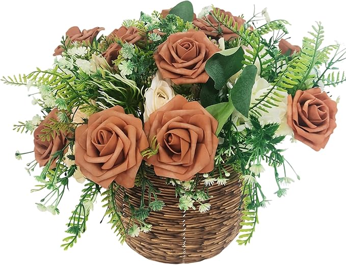 Artificial Rose Flowers 25pcs, Orange Foam Fake Rose Faux Flower for Wedding Bouquets Bridal Shower Centerpieces Floral Arrangements Home Decorations Party Backdrops Table