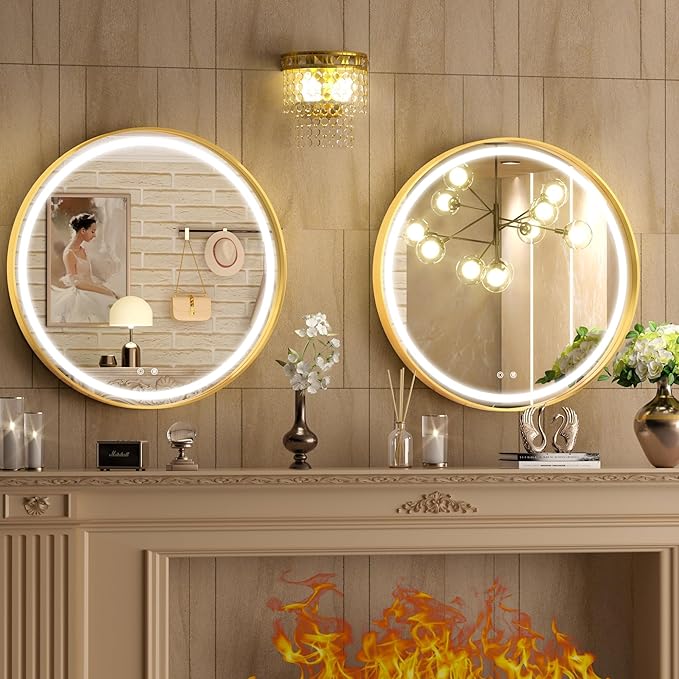 Hasipu 24 Inch Round LED Mirror for Bathroom with Lights, Gold Circle Vanity Mirror for Wall, Metal Framed Frontlit Bathroom Lighted Mirrors Anti-Fog, Dimmable, 3 Colors Makeup Mirror Wall Mounted
