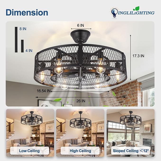 DLLT Caged Ceiling Fan with Lights: 26" Bladeless Fandelier with Light and Remote - Black Industrial Chandelier Fan Light for Bedroon Living Dining Room Kitchen