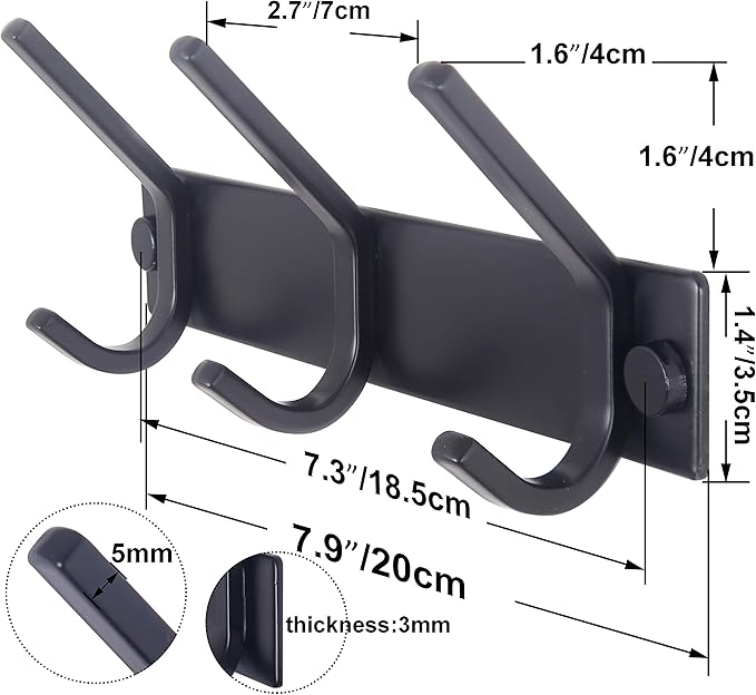 WEBI Coat Rack Wall Mounted,3 Coat Hooks for Hanging Coats,Heavy Duty Metal Hook Rack Hook Rail Coat Hanger Wall Coat Rack with Hooks for Clothes Entryway Jacket,Black,2 Packs
