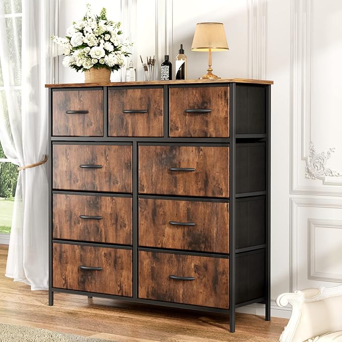 OLIXIS Dresser for Bedroom, 9 Storage Drawers, Tall Large Fabric Storage Tower Organizer, Chest of Drawers with Metal Frame Wooden Top for Nursery, Closet, Living Room, Entryway, Classic Rust Brown