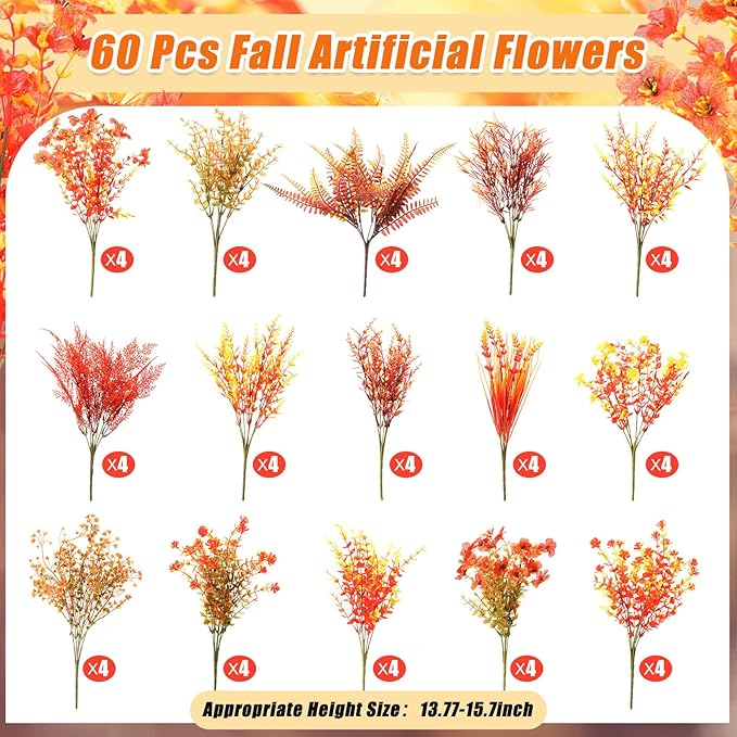 Mimorou 60 Bundle Fall Artificial Flowers Outdoor UV Resistant Autumn Orange Fake Plants Flowers Faux Plastic Greenery Decoration Shrub for Wedding Window Box Home Porch Fireplace Thanksgiving