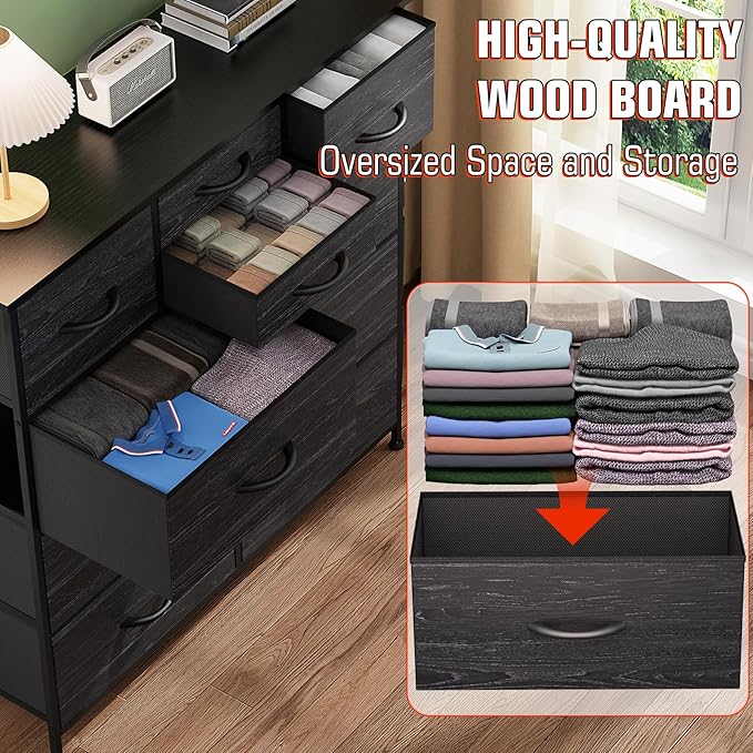 Dresser for Bedroom with 10 Drawers, Chest of Drawers with Side Pockets, Hooks, Wooden Top and Sturdy Metal Frame, Fabric Dresser Drawers for Living Room, Hallway (Black Wood Veins)
