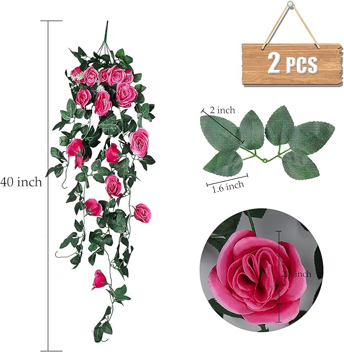 RECUTMS 2PCS Artificial Hanging Flowers 3.3Ft Fake Flower Plants for Home Room Garden Wedding Indoor Outdoor Decoration (Rose Red)