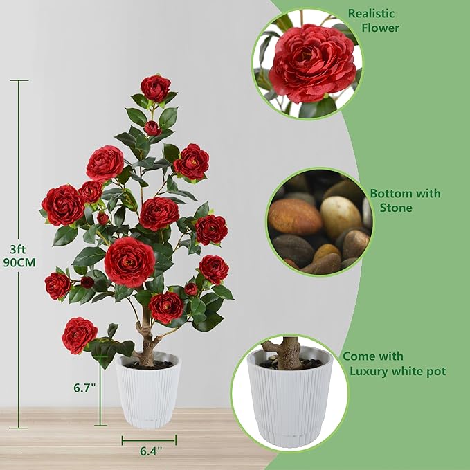 Artificial Camellia Tree 3ft, Fake Plant in White Pot, Faux Camellia Silk Flower Potted Tree for Indoor Outdoor Home Livingroom Office Decor (Red)