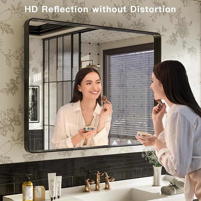 ISKM Wall Framed Mirror for Bathroom 28" x 36" Rectangular Hanging Mirror Farmhouse Wall Mounted Mirror Tempered Glass