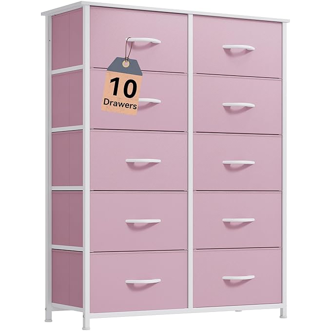 DWVO 10 Drawer Dresser - Fabric Storage Tower, Tall Chest Organizer Unit, Living Room, Hallway, Closets - Sturdy Steel Frame, Wooden Top & Easy Pull Fabric Bins, Pink