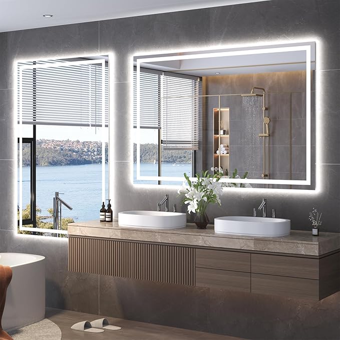 60"X24" LED Bathroom Mirror with Front Lights and Backlit, Anti-Fog, Dimmable, Shatter-Proof Tempered Glass, Lighted Bathroom Vanity Mirror for Wall with 3 Colors, Memory Function